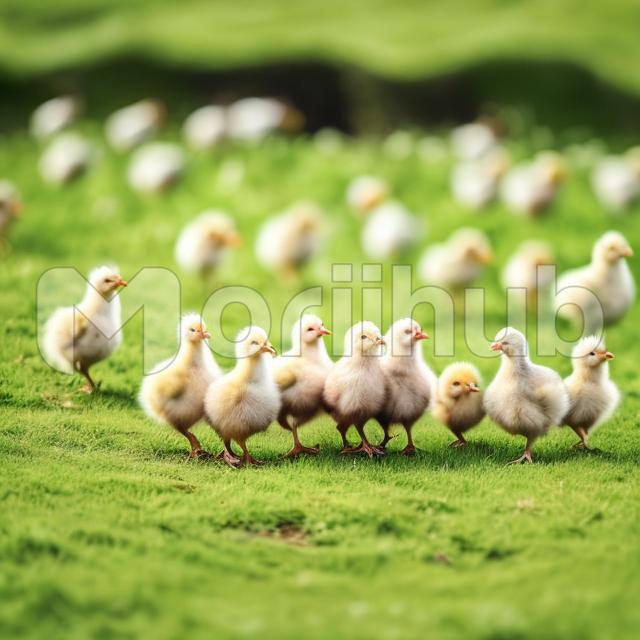 Chicks on vibrant green meadow